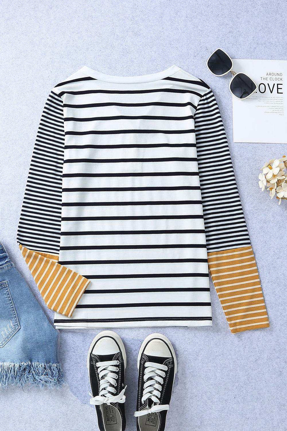 Striped Buttoned Long Sleeve Top - Trendsi - Flyclothing LLC