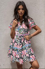 Printed Ruffle Hem Short Sleeve Mini Dress - Trendsi - Flyclothing LLC