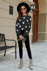 Heart Pattern Lantern Sleeve Round Neck Tunic Sweater - Trendsi - Flyclothing LLC