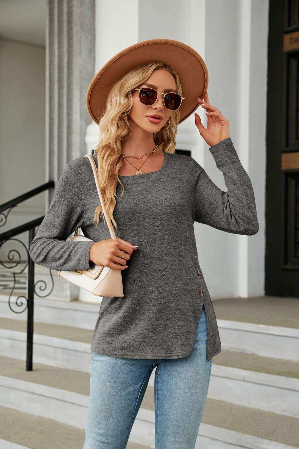 Square Neck Long Sleeve Slit T-Shirt - Trendsi