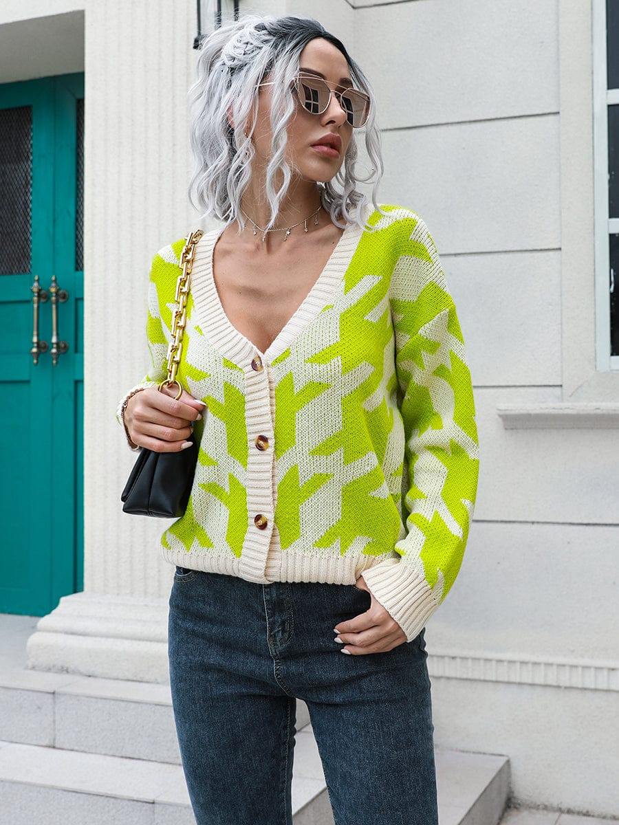 Houndstooth Button Down Cardigan - Trendsi