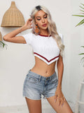 Contrast Round Neck Short Sleeve Cropped Knit Top - Trendsi - Flyclothing LLC