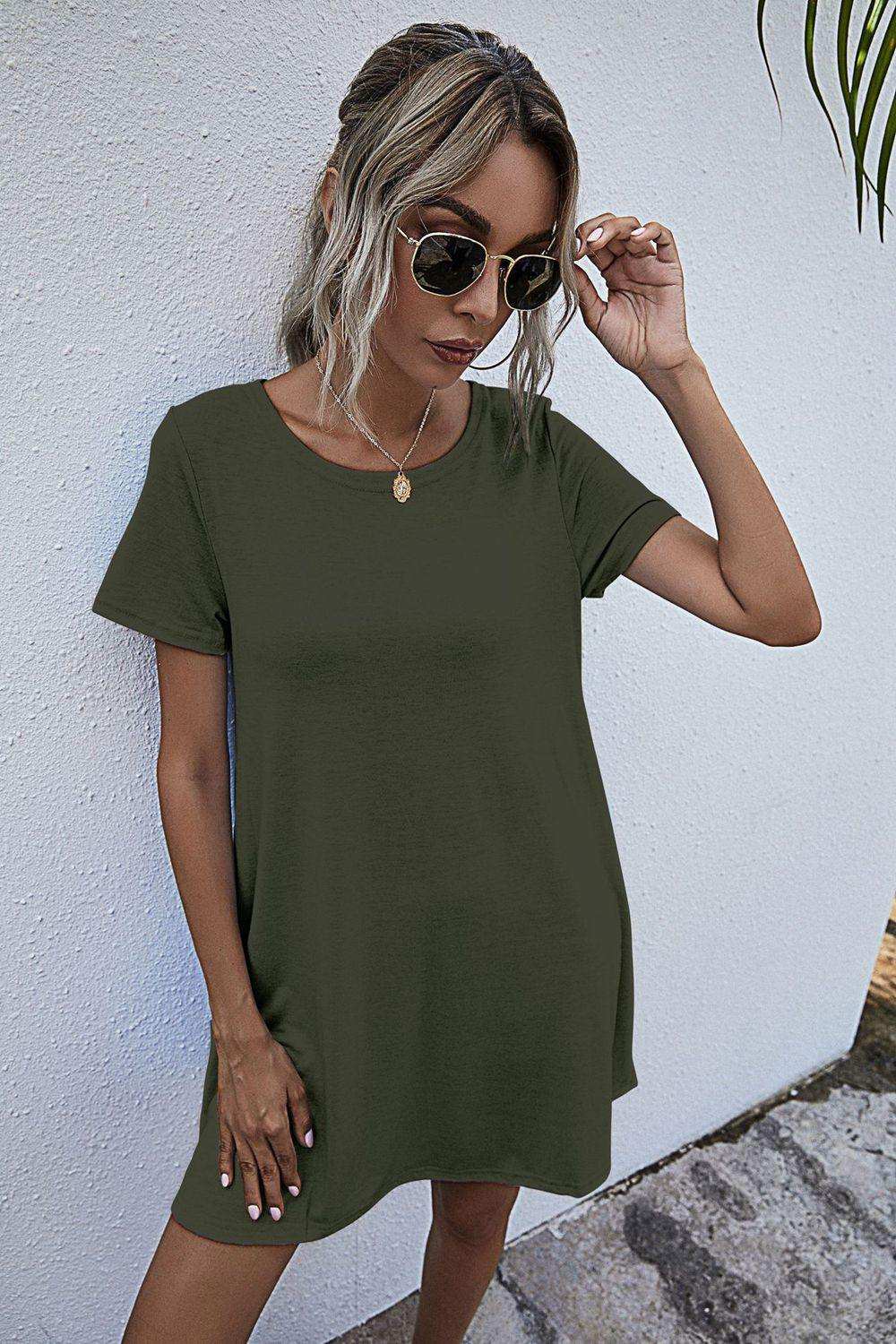 Round Neck Short Sleeve Mini Dress - Trendsi - Flyclothing LLC