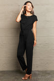 Boat Neck Short Sleeve Jumpsuit with Pockets - Trendsi