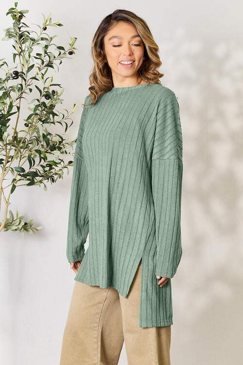 Basic Bae Full Size Ribbed Round Neck Long Sleeve Slit Top - Trendsi - Flyclothing LLC