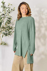 Basic Bae Full Size Ribbed Round Neck Long Sleeve Slit Top - Trendsi - Flyclothing LLC