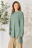 Basic Bae Full Size Ribbed Round Neck Long Sleeve Slit Top - Trendsi - Flyclothing LLC