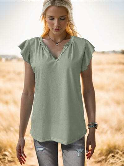 Ruffled Notched Cap Sleeve Tank - Trendsi - Flyclothing LLC
