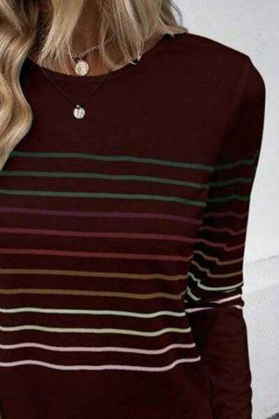 Striped Round Neck Long Sleeve T-Shirt - Trendsi - Flyclothing LLC
