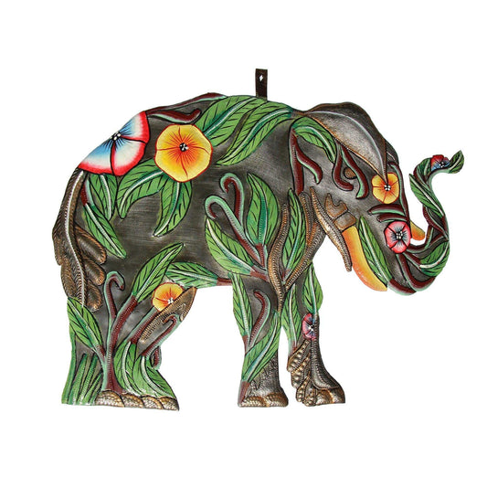 Hibiscus Elephant Haitian Metal Drum Art - Haitian Artisans