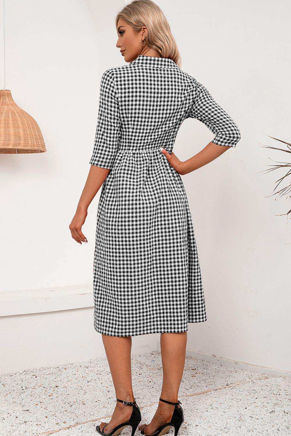 Plaid Collared Neck Midi Dress - Trendsi - Flyclothing LLC