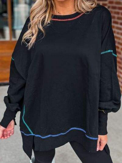 Slit Round Neck Lantern Sleeve Sweatshirt - Trendsi - Flyclothing LLC