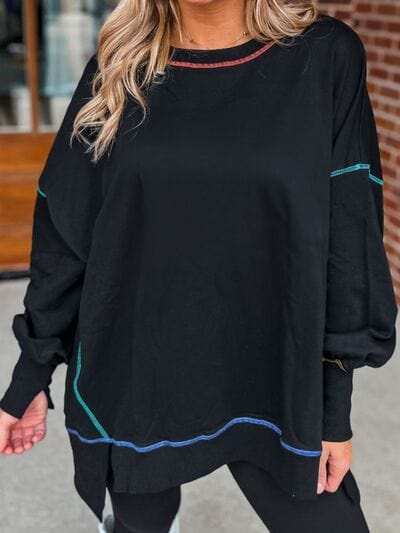 Slit Round Neck Lantern Sleeve Sweatshirt - Trendsi - Flyclothing LLC