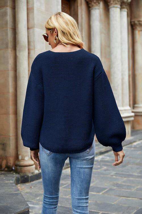Round Neck Lantern Sleeve Sweater - Trendsi - Flyclothing LLC