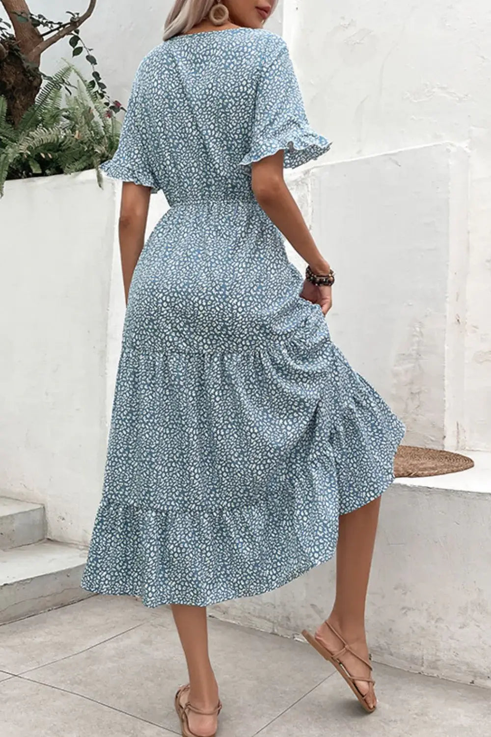 Printed Tassel Tie Flounce Sleeve Dress - Trendsi - Flyclothing LLC