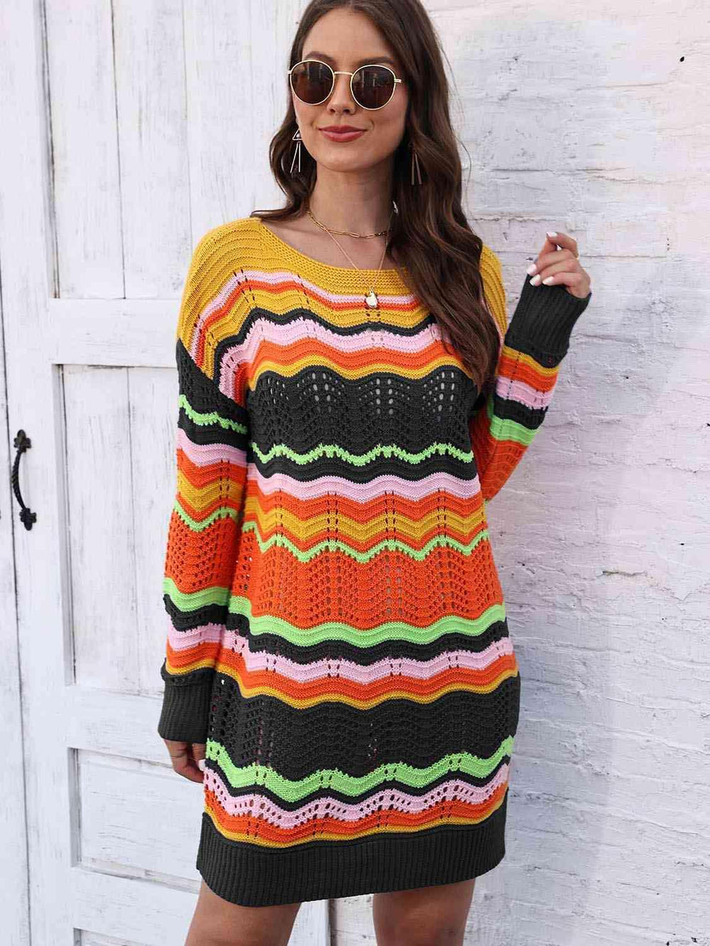 Openwork Round Neck Sweater Dress - Trendsi