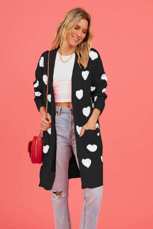 Heart Graphic Open Front Cardigan with Pockets - Trendsi - Flyclothing LLC