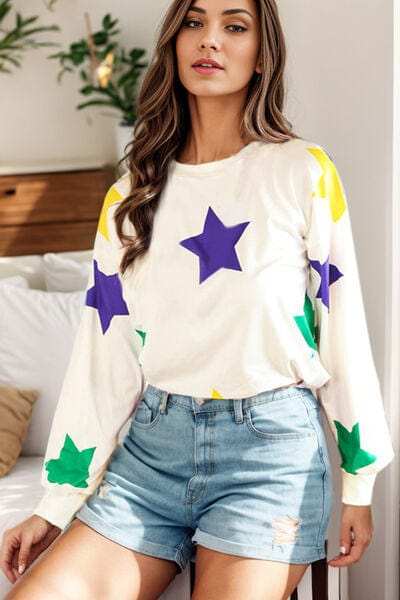 Star Print Round Neck Lantern Sleeve T-Shirt - Trendsi - Flyclothing LLC