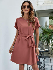 Belted Round Neck Curved Hem Dress - Trendsi