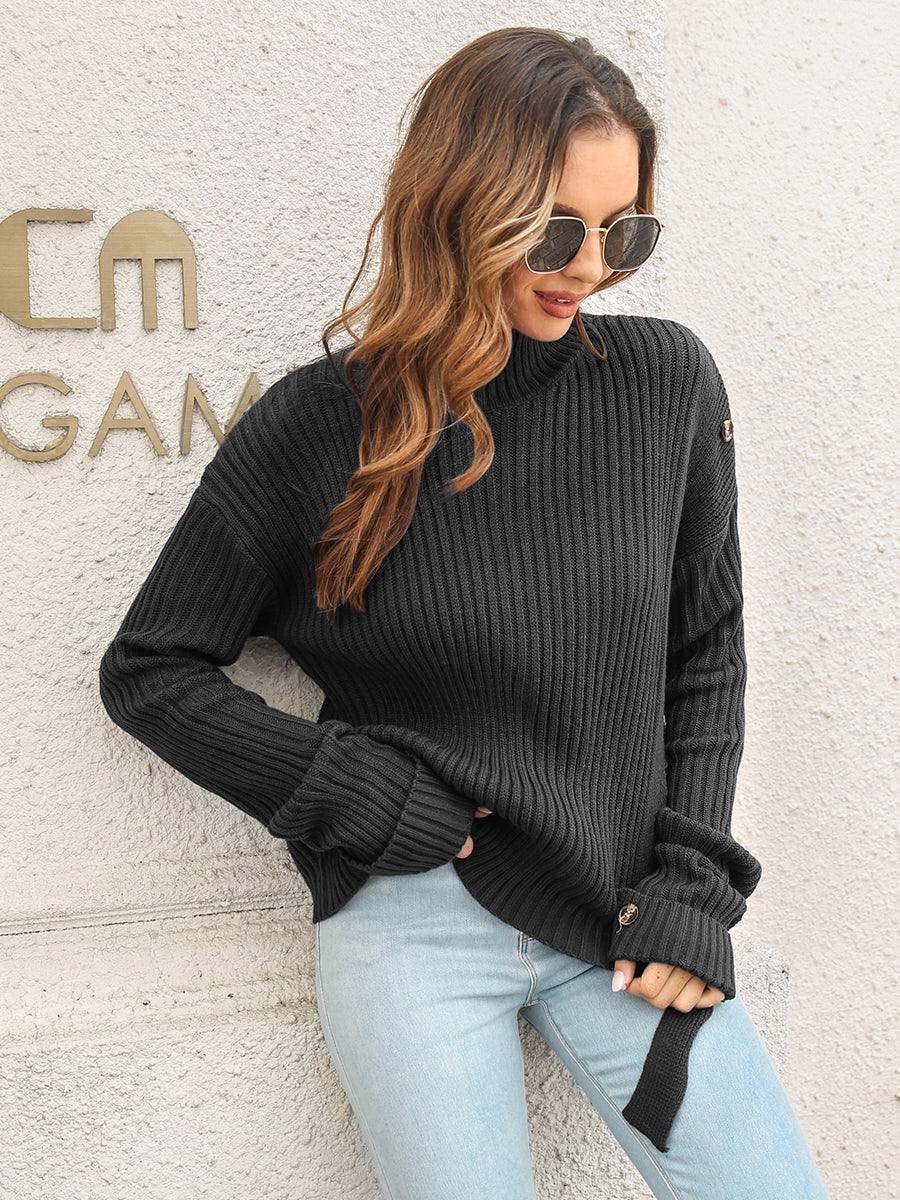 Decorative Button Slit Sweater - Trendsi