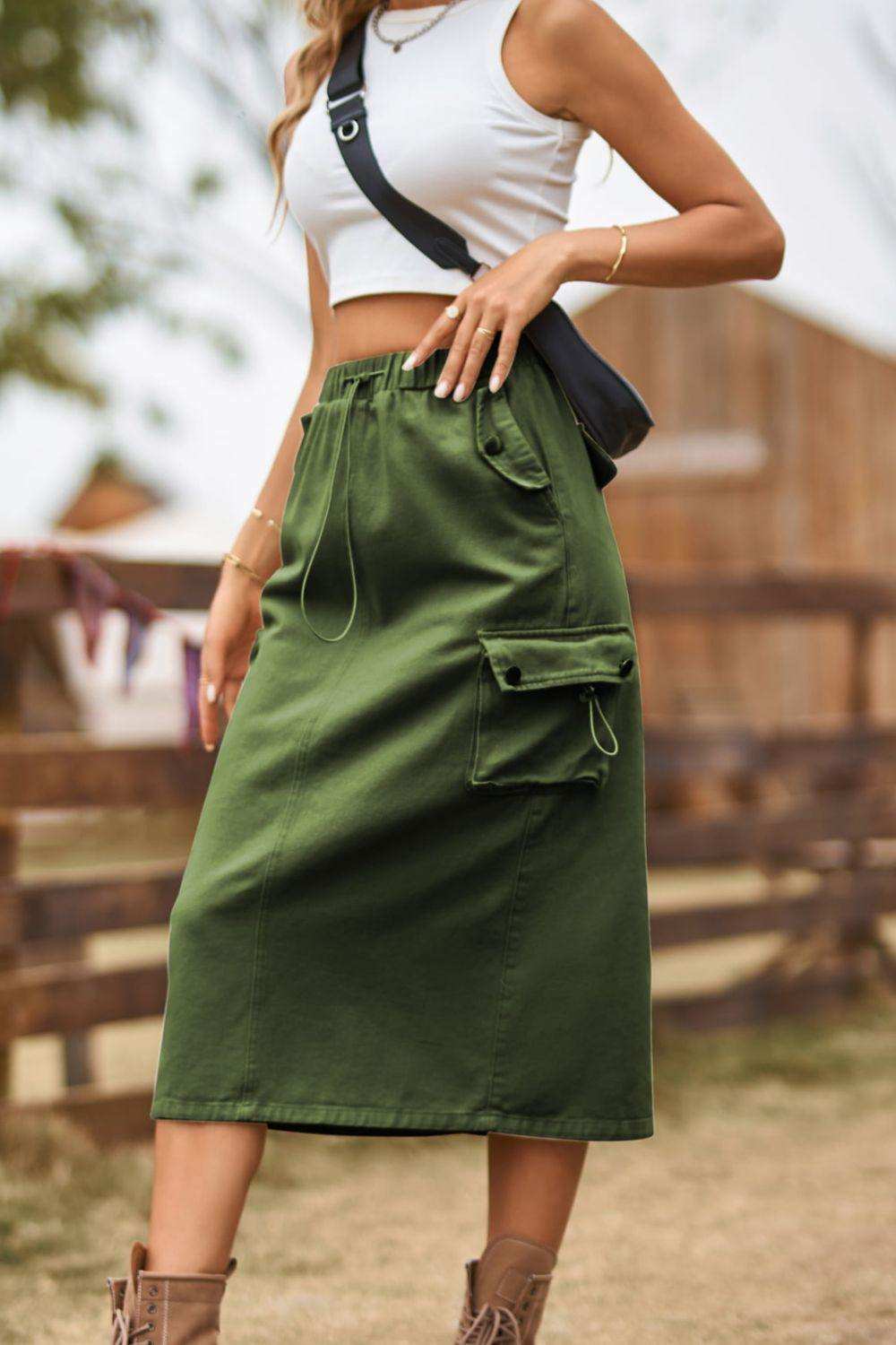 Drawstring Waist Slit Denim Skirt - Trendsi - Flyclothing LLC