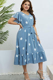 Polka Dot Belted Flutter Sleeve Ruffle Hem Dress - Trendsi