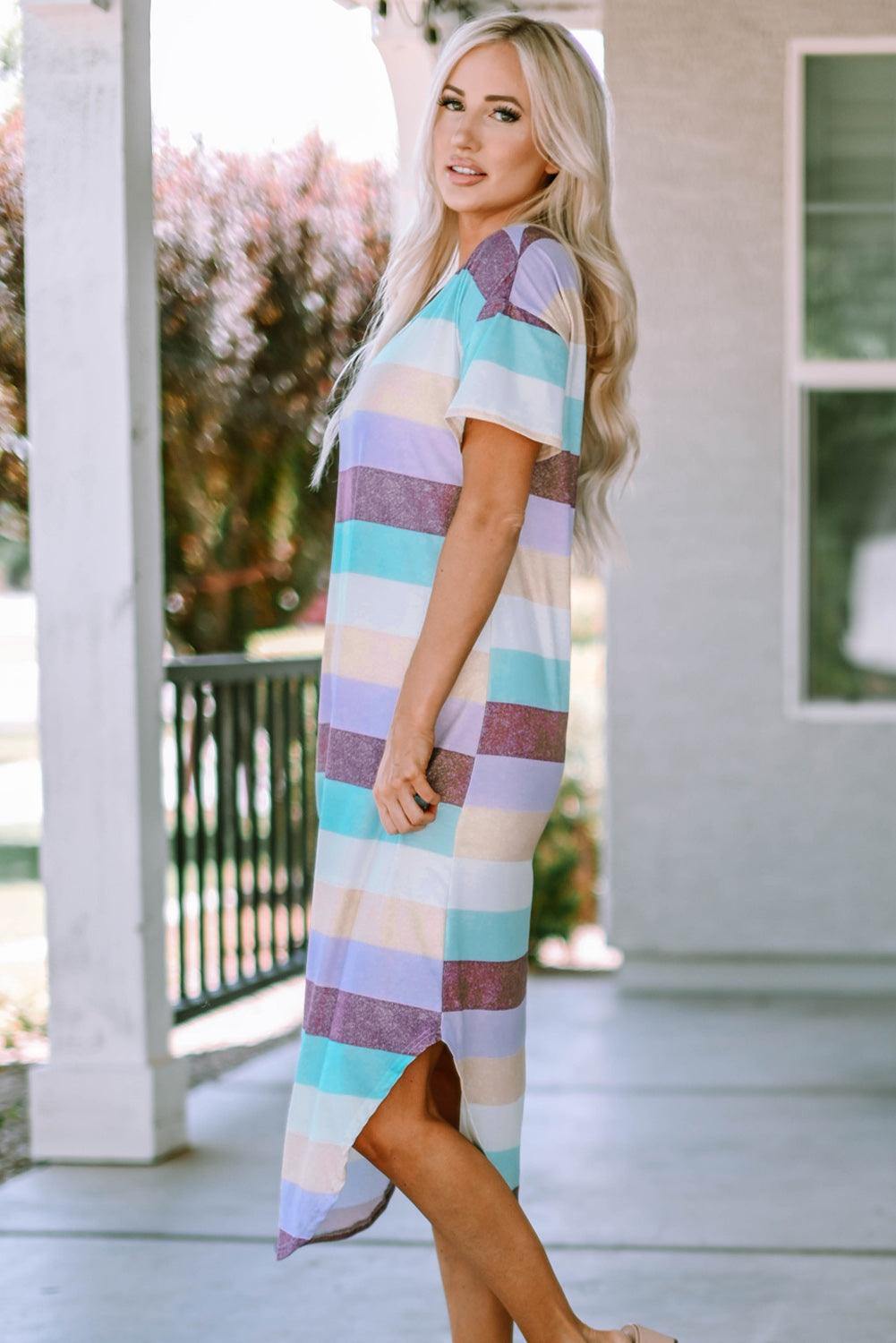 Striped V-Neck Curved Hem Midi Dress - Flyclothing LLC