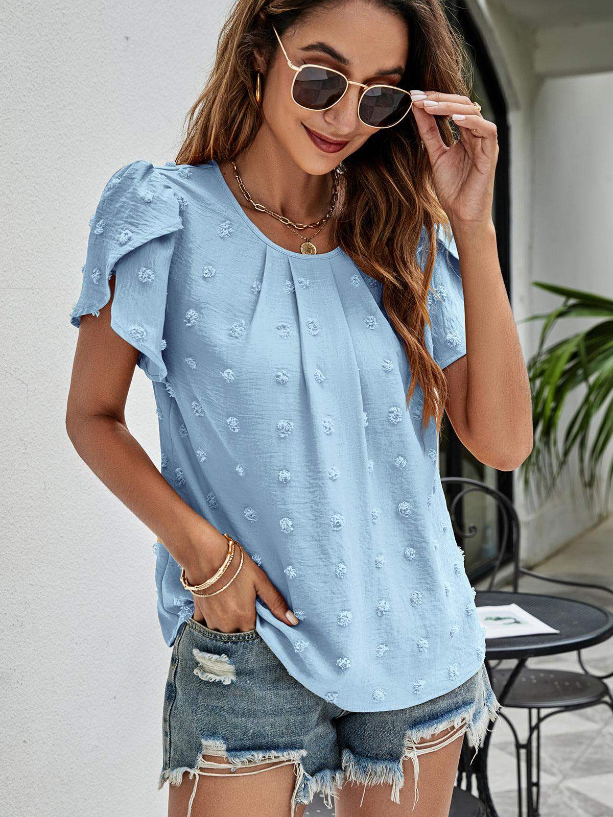 Swiss Dot Round Neck Petal Sleeve Top - Trendsi - Flyclothing LLC