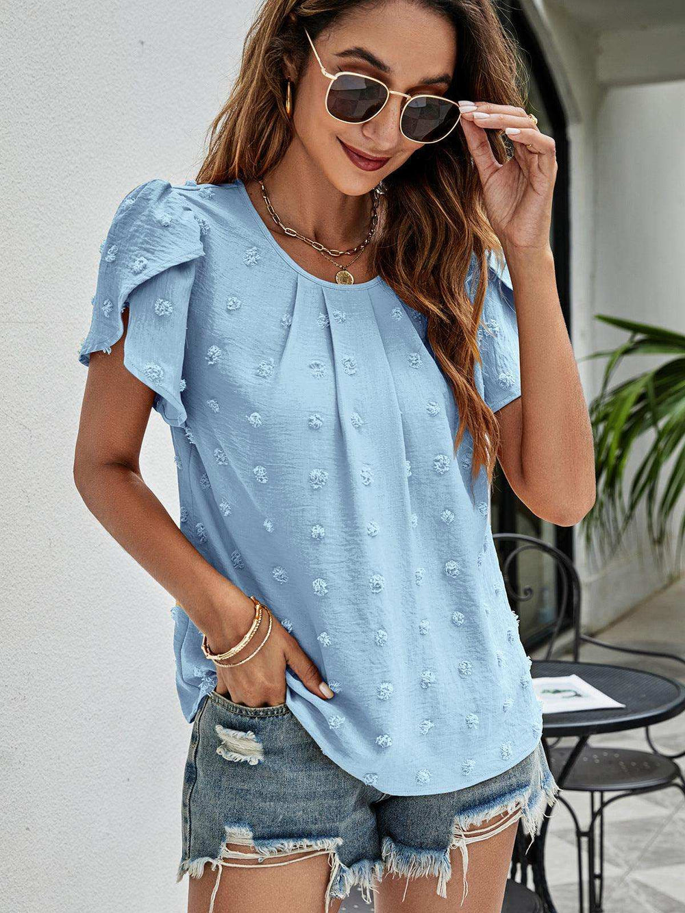 Swiss Dot Round Neck Petal Sleeve Top - Trendsi - Flyclothing LLC