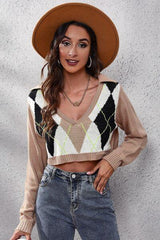 Geometric Long Sleeve Cropped Sweater - Trendsi