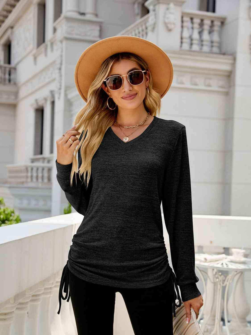 Drawstring V-Neck Long Sleeve T-Shirt - Trendsi - Flyclothing LLC