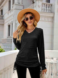 Drawstring V-Neck Long Sleeve T-Shirt - Trendsi - Flyclothing LLC