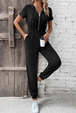 Zip-Up Short Sleeve Hooded Jumpsuit with Pockets - Trendsi