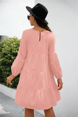 Balloon Sleeve Keyhole Tiered Dress - Trendsi - Flyclothing LLC