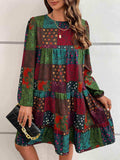 Patchwork Round Neck Long Sleeve Dress - Trendsi - Flyclothing LLC