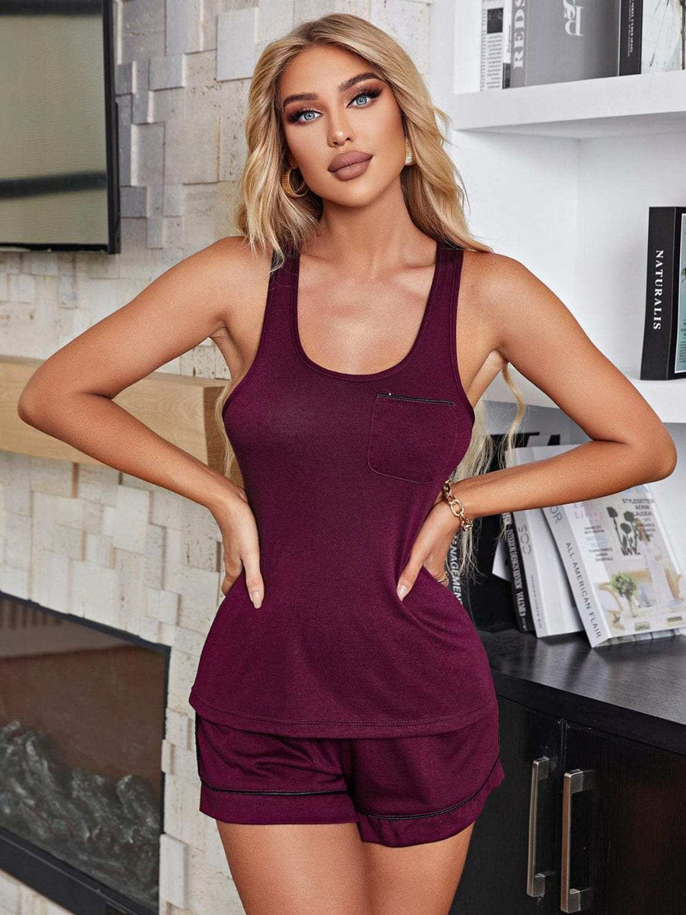 Scoop Neck Wide Strap Tank and Shorts Lounge Set - Trendsi - Flyclothing LLC