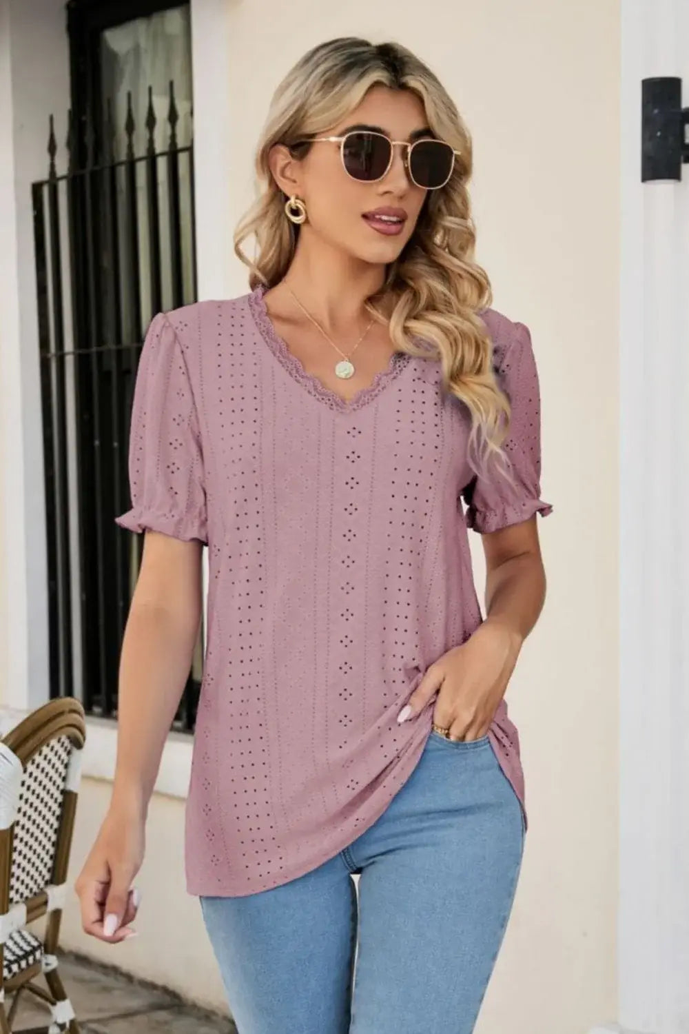 Eyelet Flounce Sleeve Scalloped V-Neck Top - Trendsi - Flyclothing LLC
