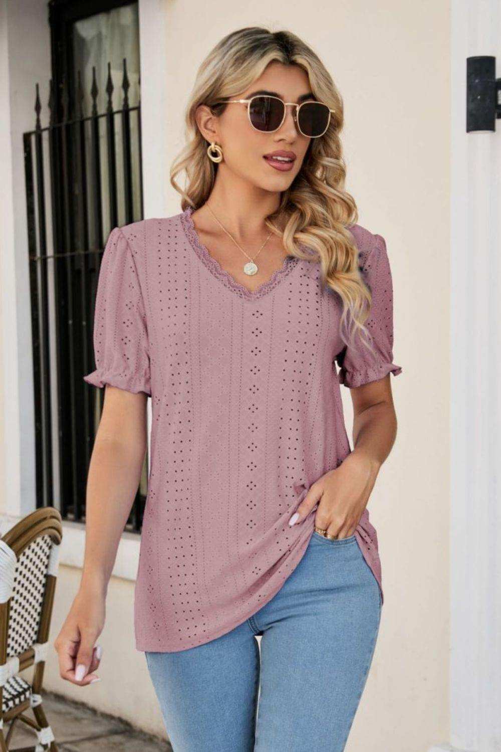 Eyelet Flounce Sleeve Scalloped V-Neck Top - Trendsi - Flyclothing LLC