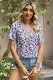Floral V-Neck Short Sleeve T-Shirt - Trendsi - Flyclothing LLC