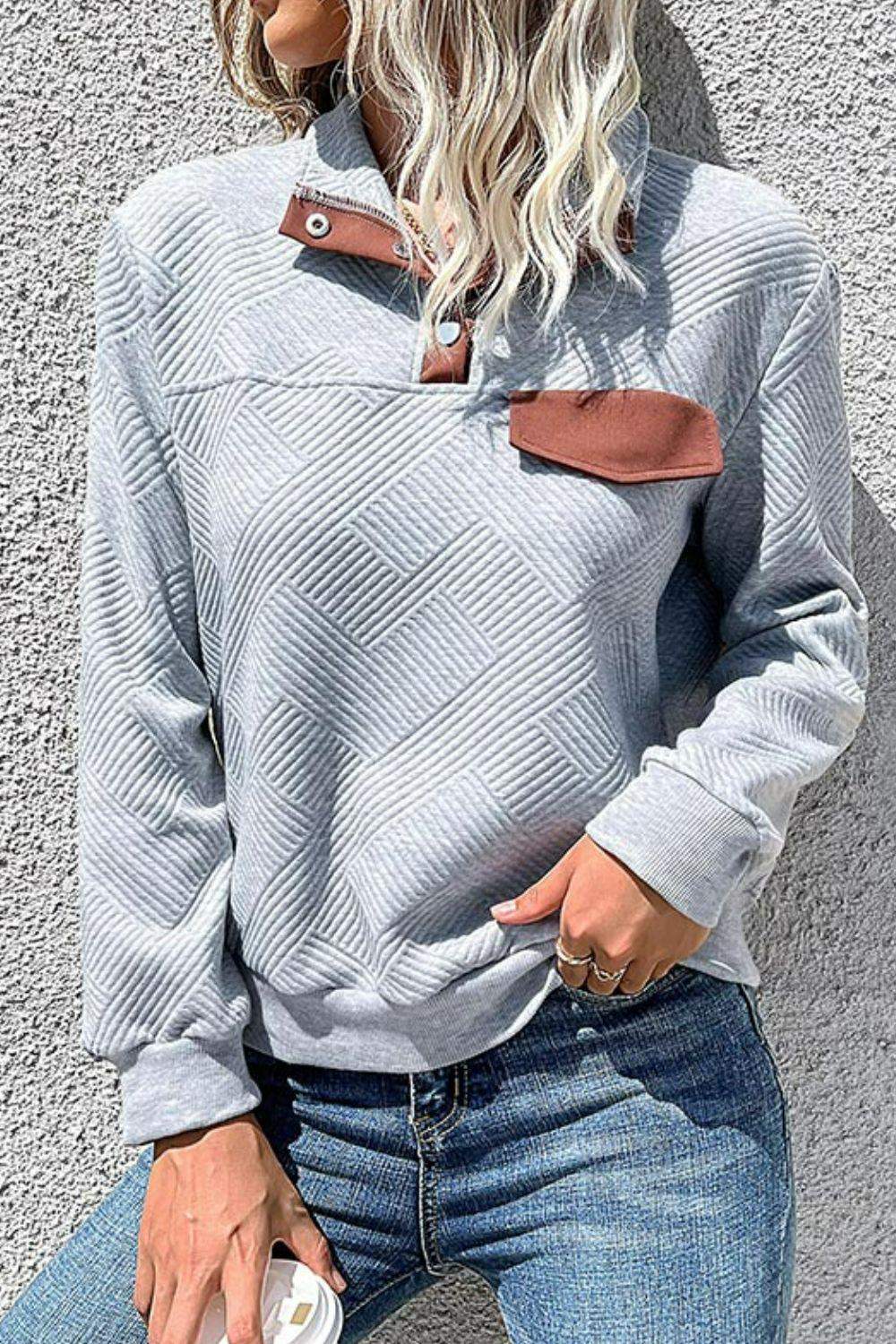 Contrast Ribbed Quarter-Snap Sweatshirt - Trendsi - Flyclothing LLC