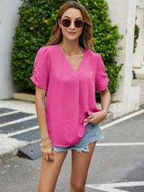Ruched Short Sleeve V-Neck Blouse - Trendsi - Flyclothing LLC