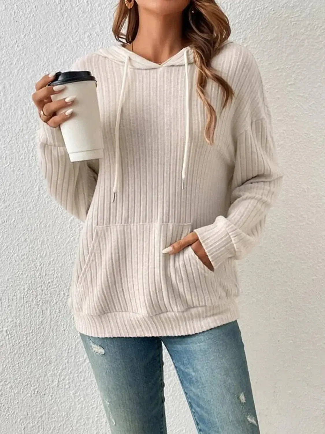 Ribbed Dropped Shoulder Drawstring Hoodie - Trendsi - Flyclothing LLC