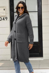 Button Up Long Sleeve Hooded Cardigan with Pockets - Trendsi