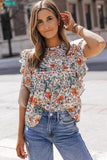 Printed Butterfly Sleeve Round Neck Blouse - Trendsi