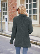 Ribbed Turtleneck Long Sleeve Slit Knit Top - Trendsi - Flyclothing LLC
