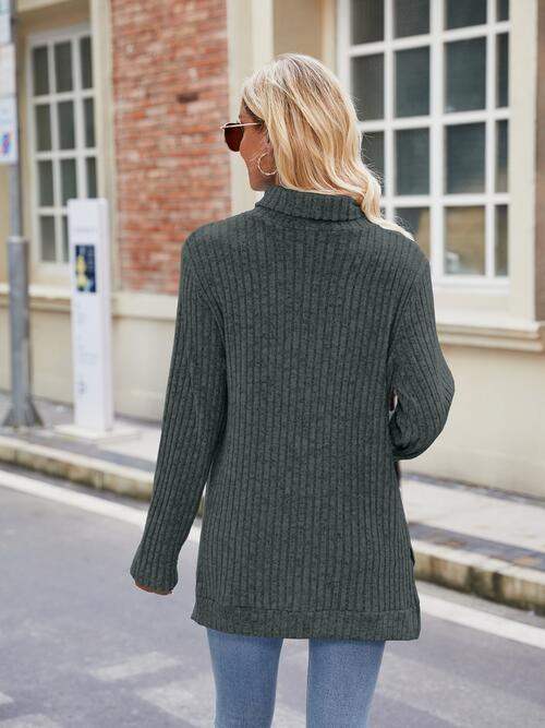 Ribbed Turtleneck Long Sleeve Slit Knit Top - Trendsi - Flyclothing LLC