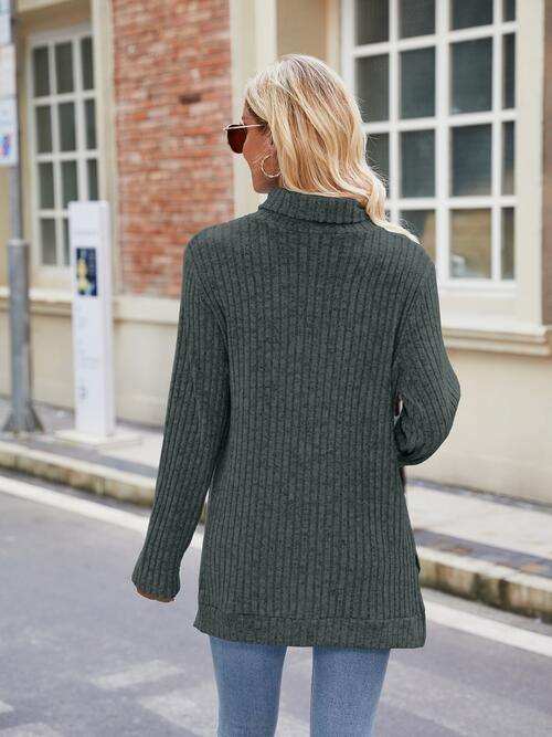 Ribbed Turtleneck Long Sleeve Slit Knit Top - Trendsi - Flyclothing LLC