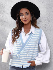 Striped Button Up V-Neck Sweater Vest - Flyclothing LLC