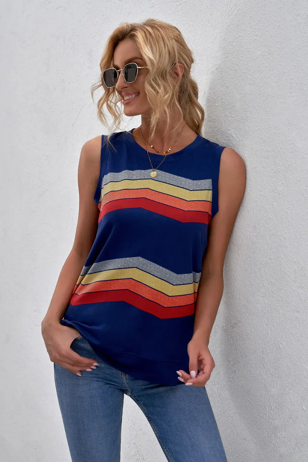 Printed Side Slit Round Neck Tank - Trendsi - Flyclothing LLC