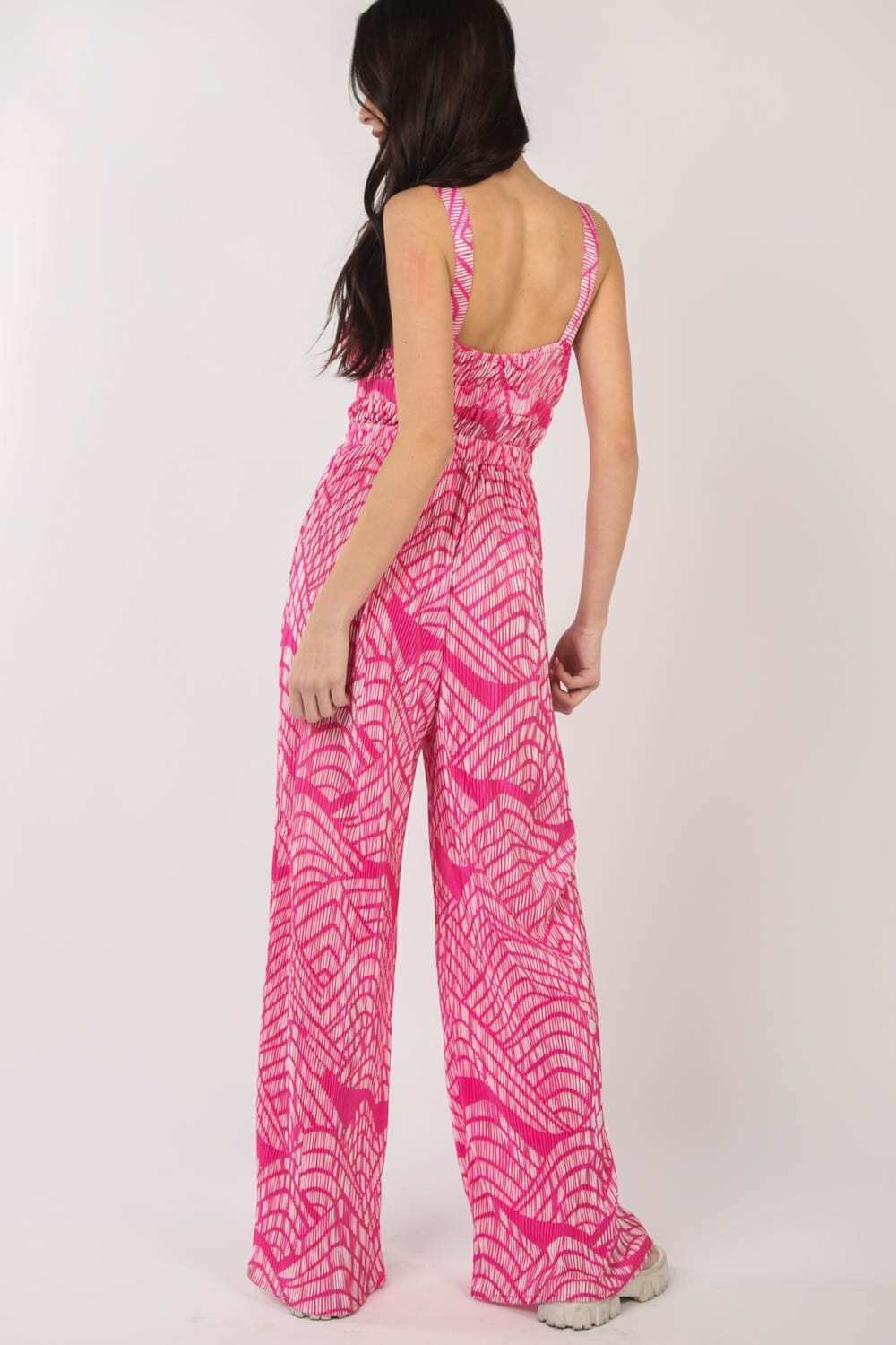 VERY J Printed Pleated Sleeveless Wide Leg Jumpsuit - Trendsi - Flyclothing LLC